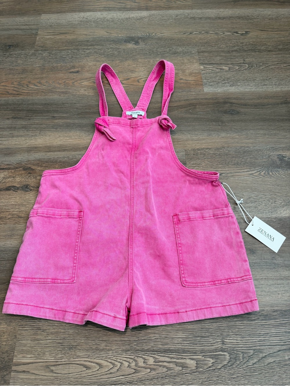NWT Zenana Hot Pink Denim Overall Shorts Mineral Wash Knotted Straps Size Large - Picture 2 of 10